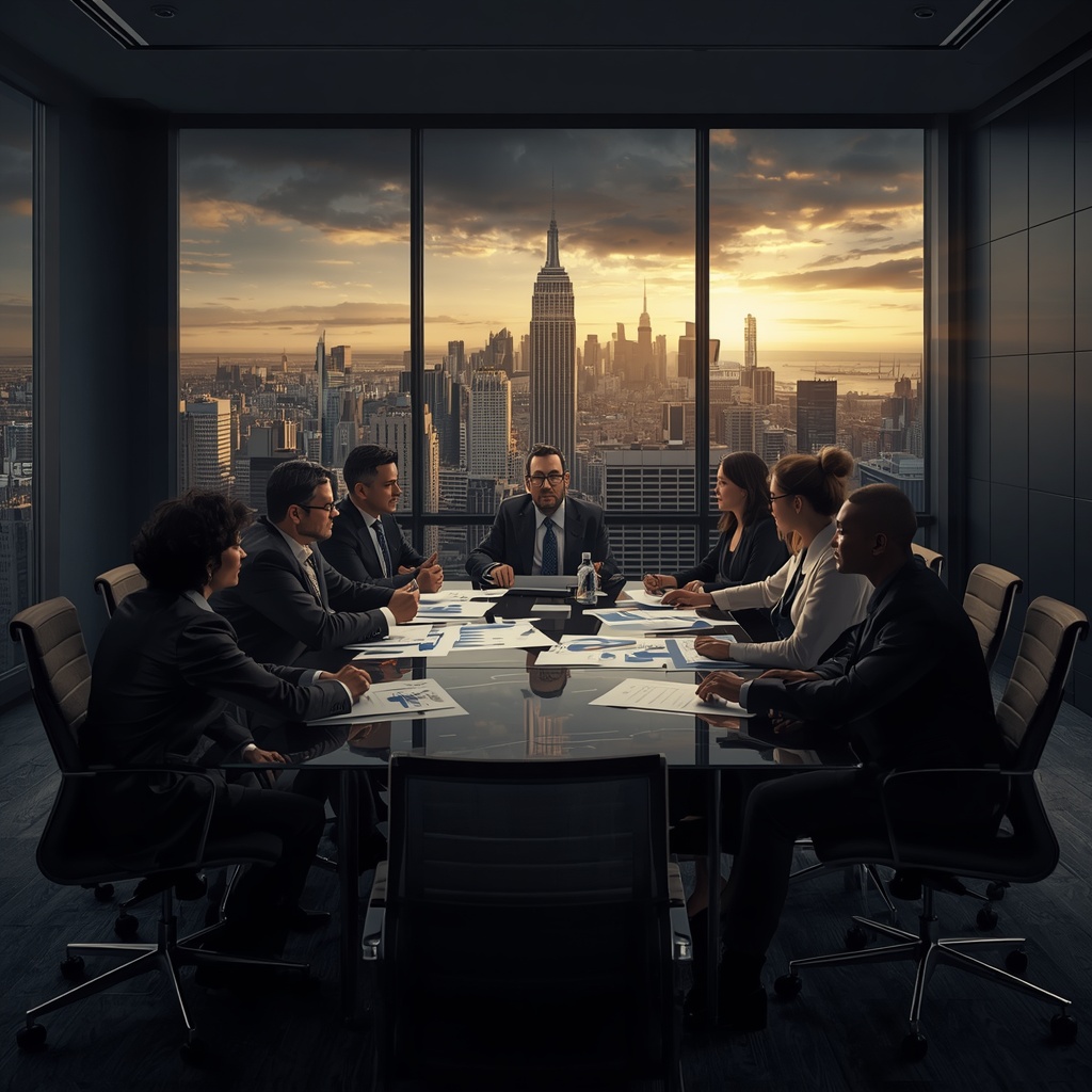 Philippe wanted nanobanana image - strategic boardroom scene with diverse business executives around a glass table reviewing strategy charts with city skyline behind, photorealistic corporate photography, deep navy and gold palette, cinematic lighting, no people portraits